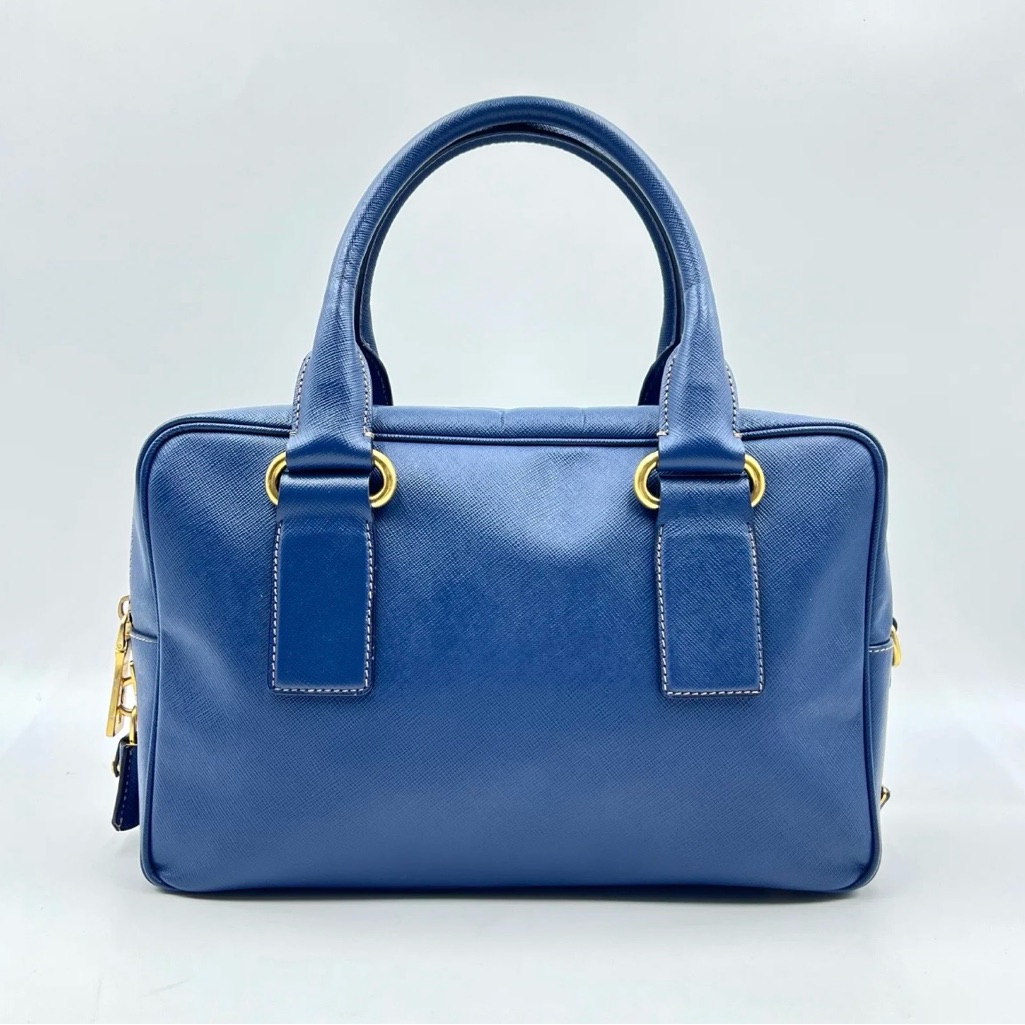 Prada Blue Saffiano Leather Satchel With Gold Accents
